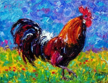  Knife Oil Painting - red flowers rooster with palette knife